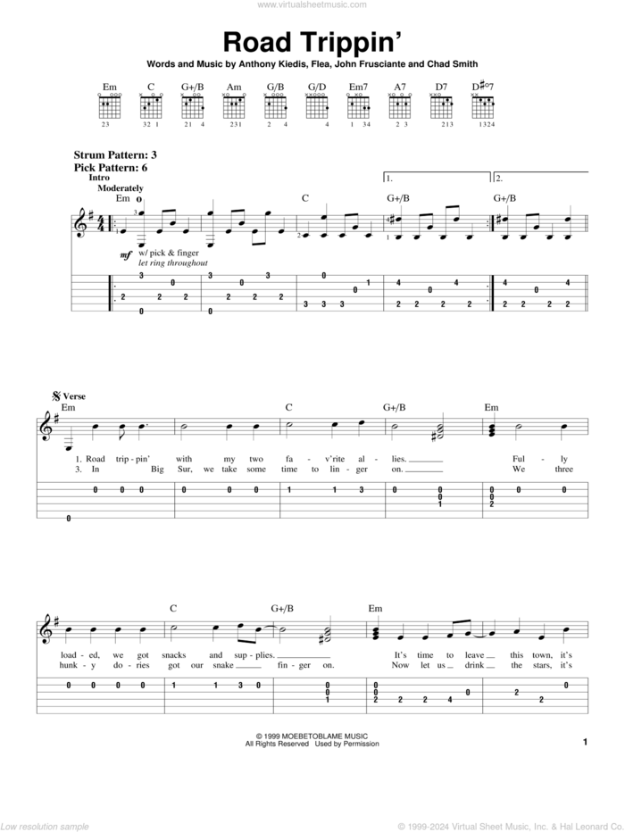 Road Trippin' sheet music for guitar solo (easy tablature) by Red Hot Chili Peppers, Anthony Kiedis, Flea and John Frusciante, easy guitar (easy tablature)