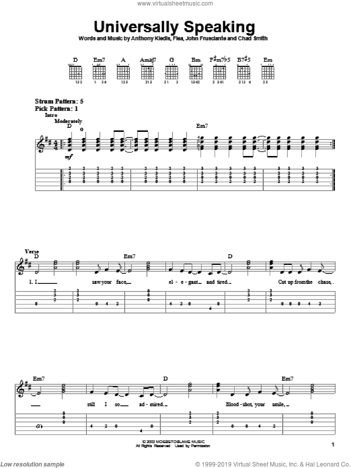 Universally Speaking sheet music for guitar solo (easy tablature) by Red Hot Chili Peppers, Anthony Kiedis, Flea and John Frusciante, easy guitar (easy tablature)