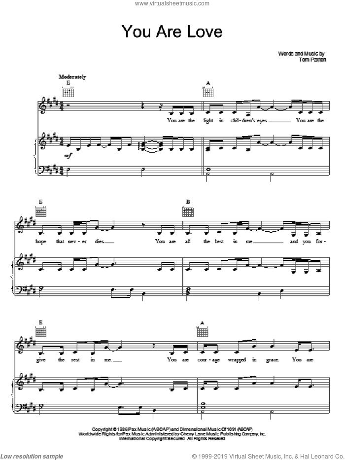 You Are Love sheet music for voice, piano or guitar by Tom Paxton, intermediate skill level