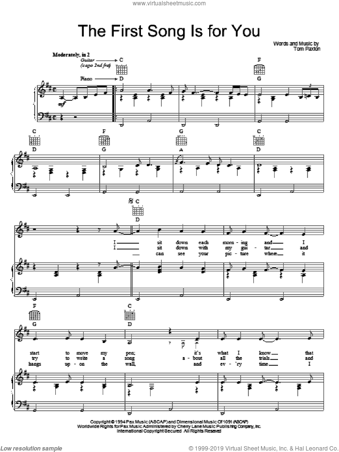 The First Song Is For You sheet music for voice, piano or guitar by Tom Paxton, intermediate skill level