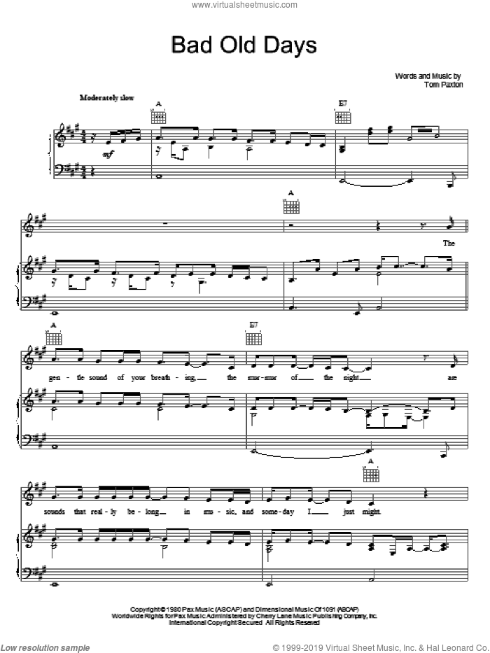Bad Old Days sheet music for voice, piano or guitar by Tom Paxton, intermediate skill level