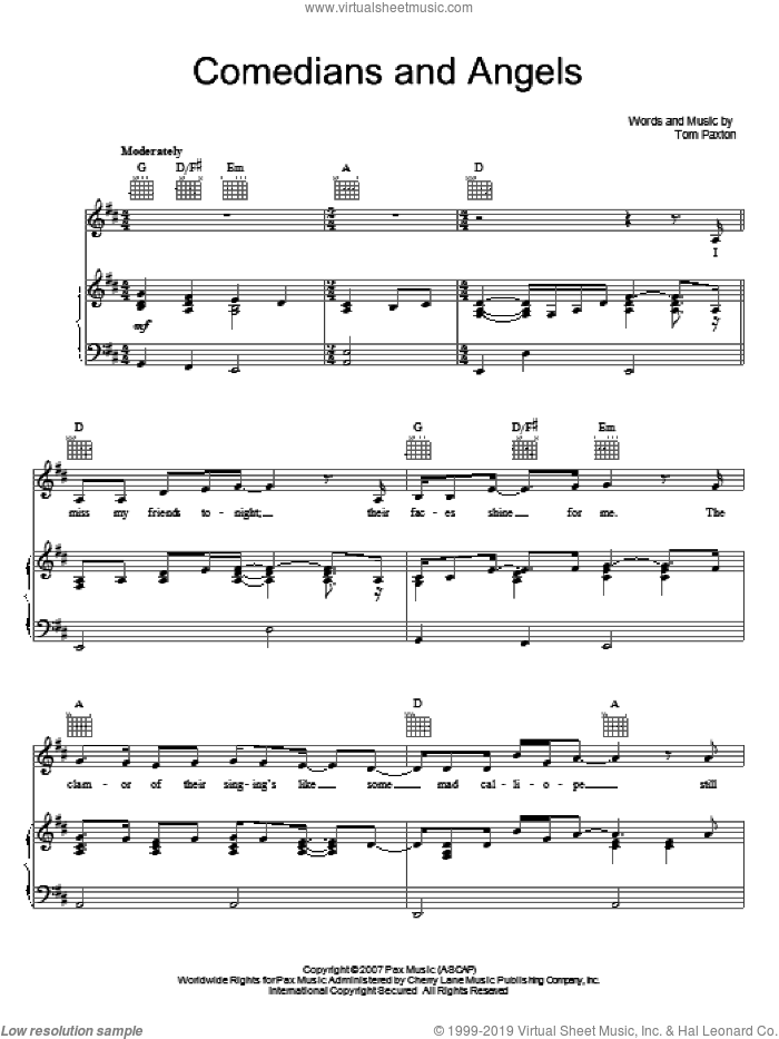 Comedians And Angels sheet music for voice, piano or guitar by Tom Paxton, intermediate skill level