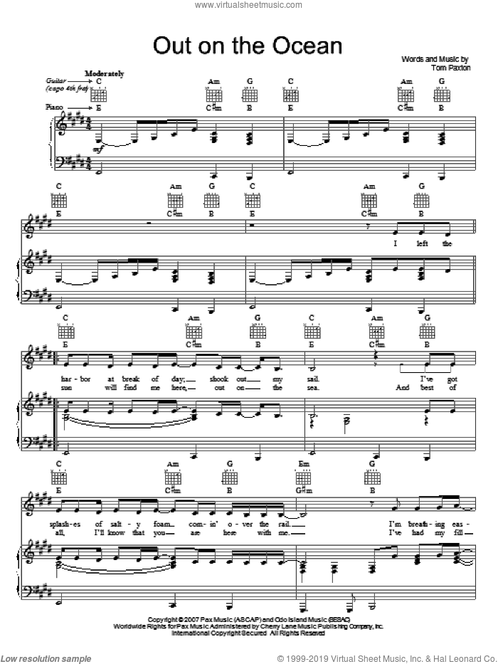 Out On The Ocean sheet music for voice, piano or guitar by Tom Paxton, intermediate skill level