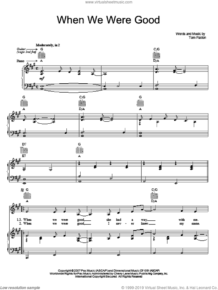 When We Were Good sheet music for voice, piano or guitar by Tom Paxton, intermediate skill level