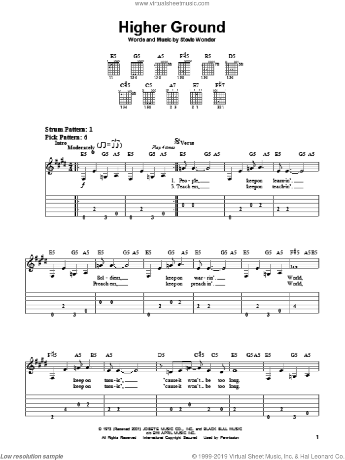 Higher Ground sheet music for guitar solo (easy tablature) by Red Hot Chili Peppers and Stevie Wonder, easy guitar (easy tablature)