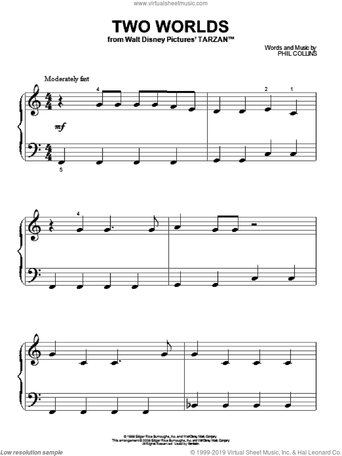 Two Worlds sheet music for piano solo (big note book) by Phil Collins, easy piano (big note book)
