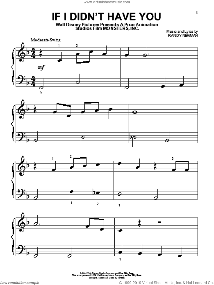 If I Didn't Have You (from Monsters, Inc.) sheet music for piano solo by Billy Crystal and John Goodman, Monsters, Inc. (Movie) and Randy Newman, beginner skill level