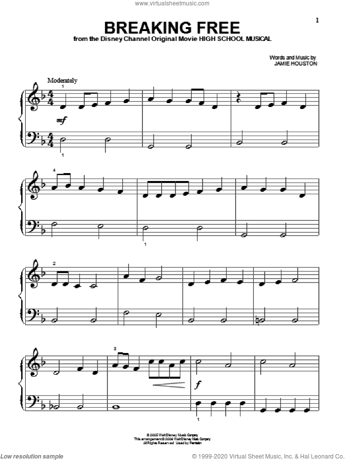 Breaking Free (from High School Musical), (beginner) (from High School Musical) sheet music for piano solo by Jamie Houston, High School Musical and Zac Efron and Vanessa Anne Hudgens, beginner skill level