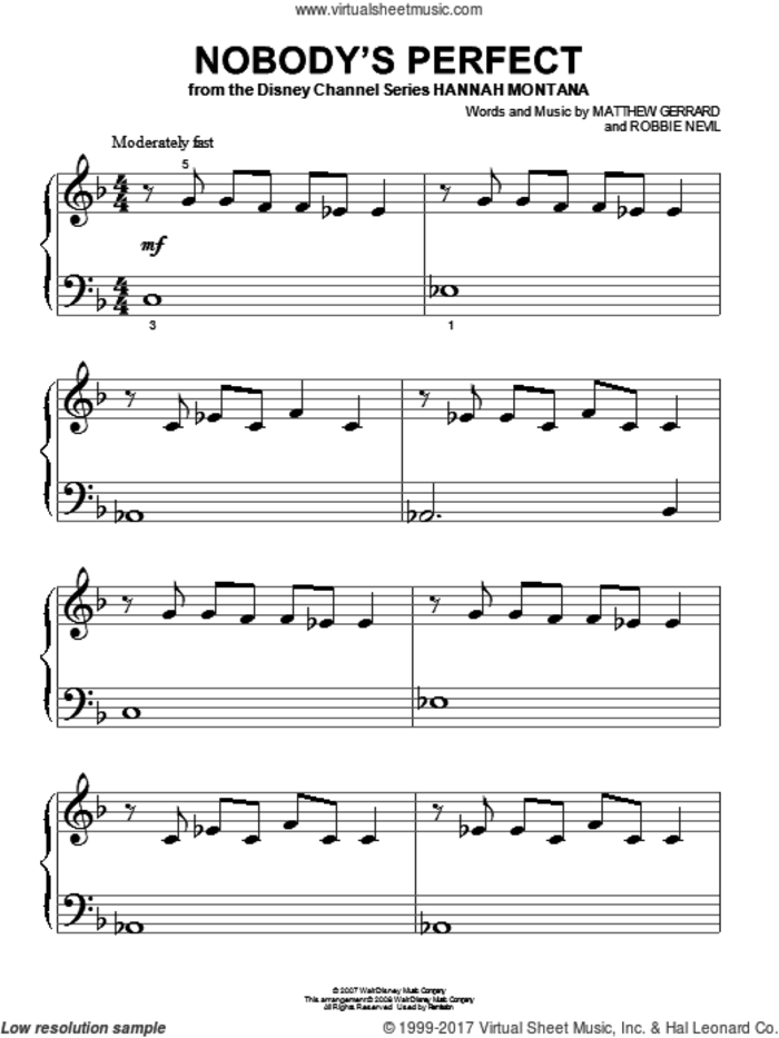 Nobody's Perfect sheet music for piano solo by Hannah Montana, Miley Cyrus, Matthew Gerrard and Robbie Nevil, beginner skill level