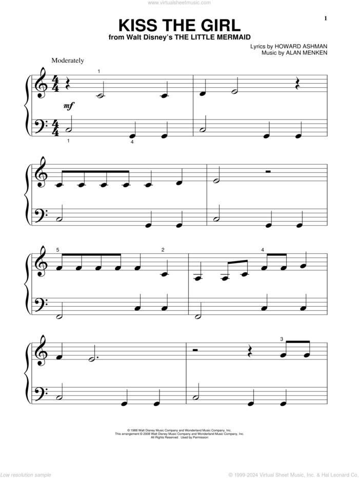 Kiss The Girl (from The Little Mermaid), (beginner) sheet music for piano solo by Alan Menken, The Little Mermaid (Movie), Alan Menken & Howard Ashman and Howard Ashman, beginner skill level