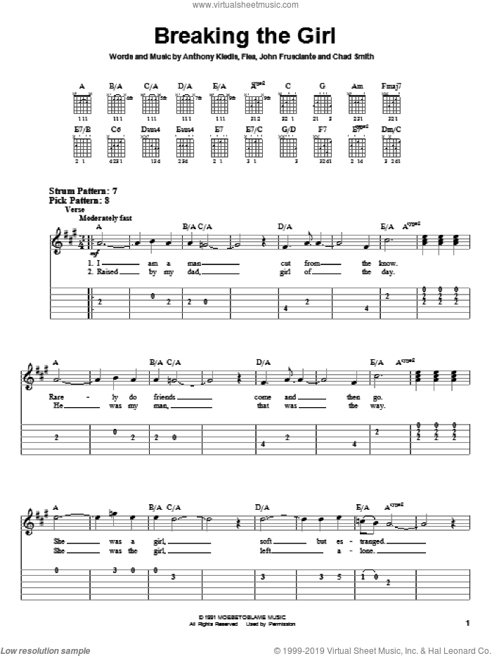 Breaking The Girl sheet music for guitar solo (easy tablature) by Red Hot Chili Peppers, Anthony Kiedis, Flea and John Frusciante, easy guitar (easy tablature)