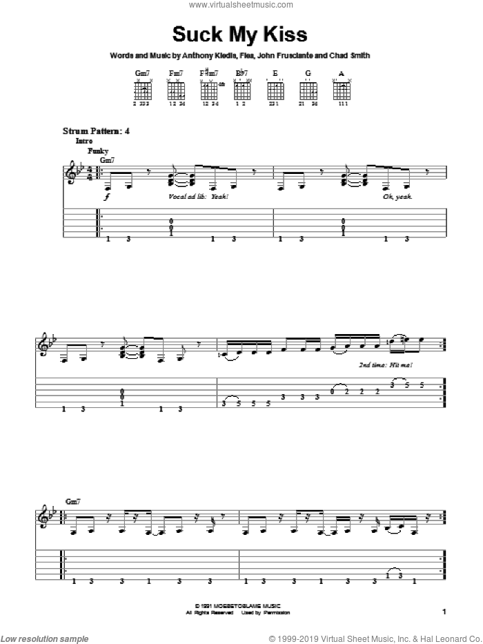 Suck My Kiss sheet music for guitar solo (easy tablature) by Red Hot Chili Peppers, Anthony Kiedis, Flea and John Frusciante, easy guitar (easy tablature)