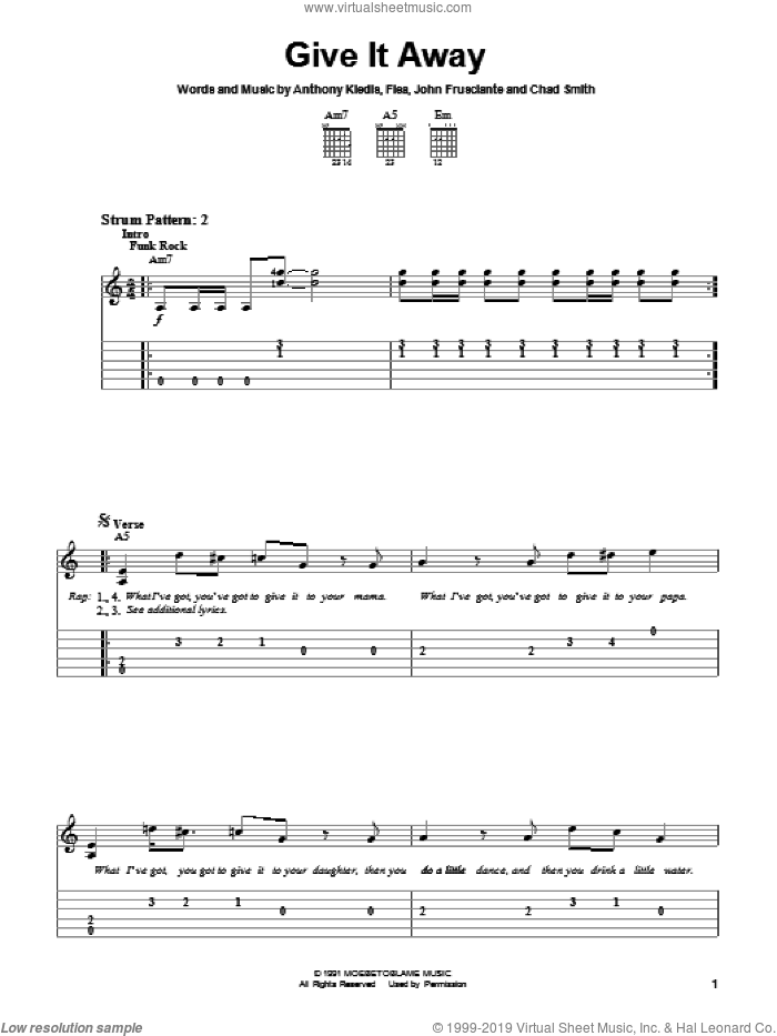 Give It Away sheet music for guitar solo (easy tablature) by Red Hot Chili Peppers, Anthony Kiedis, Chad Smith, Flea and John Frusciante, easy guitar (easy tablature)