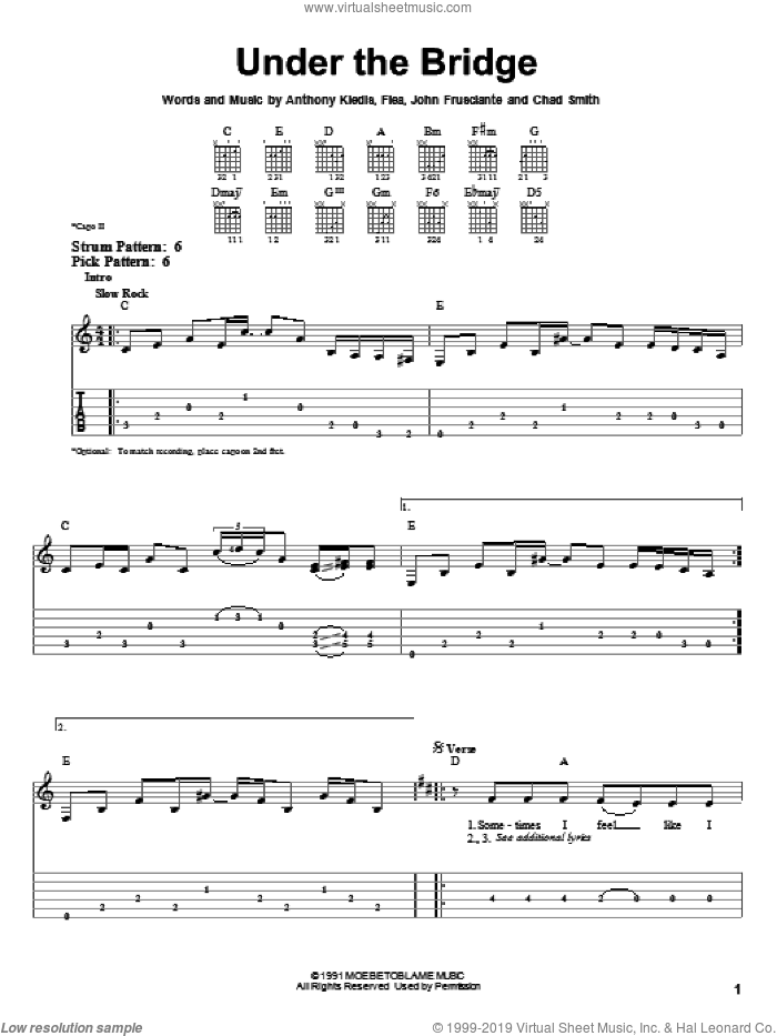Under The Bridge sheet music for guitar solo (easy tablature) by Red Hot Chili Peppers, Anthony Kiedis, Chad Smith, Flea and John Frusciante, easy guitar (easy tablature)