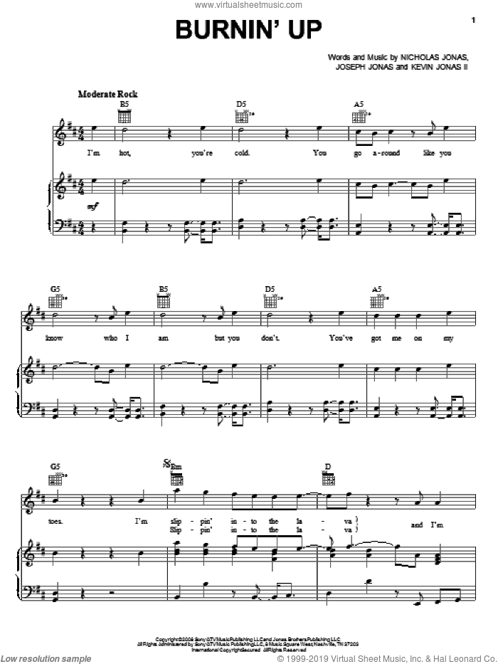 Burnin' Up sheet music for voice, piano or guitar by Jonas Brothers, Joseph Jonas, Kevin Jonas II and Nicholas Jonas, intermediate skill level