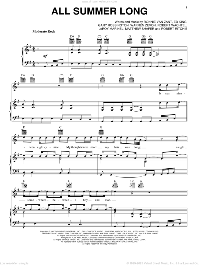 All Summer Long sheet music for voice, piano or guitar by Kid Rock, Edward King, Gary Rossington, KeRoy Marinel, Matthew Shafer, Robert Ritchie, Robert Wachtel, Ronnie Van Zant and Warren Zevon, intermediate skill level