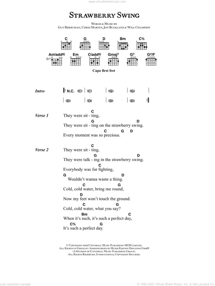Strawberry Swing sheet music for guitar (chords) by Coldplay, Chris Martin, Guy Berryman, Jon Buckland and Will Champion, intermediate skill level