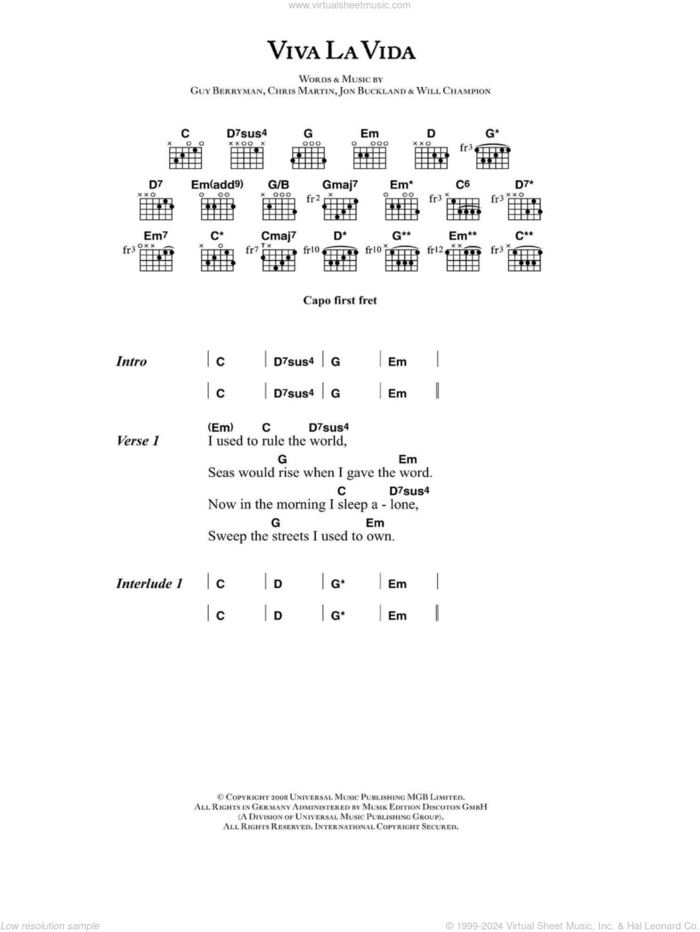 Viva La Vida sheet music for guitar (chords) by Coldplay, Chris Martin, Guy Berryman, Jon Buckland and Will Champion, intermediate skill level