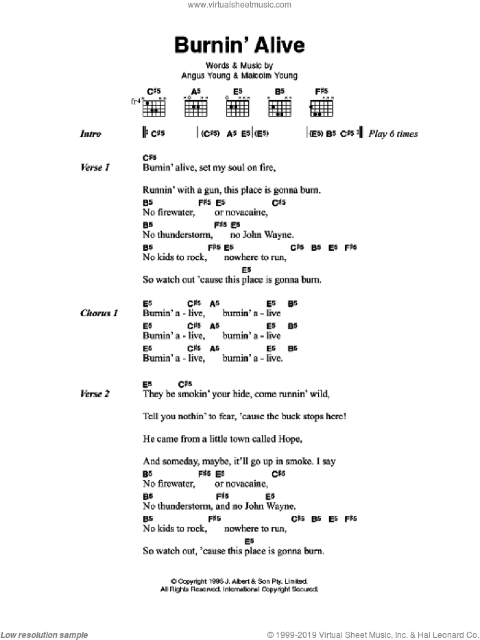 Burnin' Alive sheet music for guitar (chords) by AC/DC, Angus Young and Malcolm Young, intermediate skill level