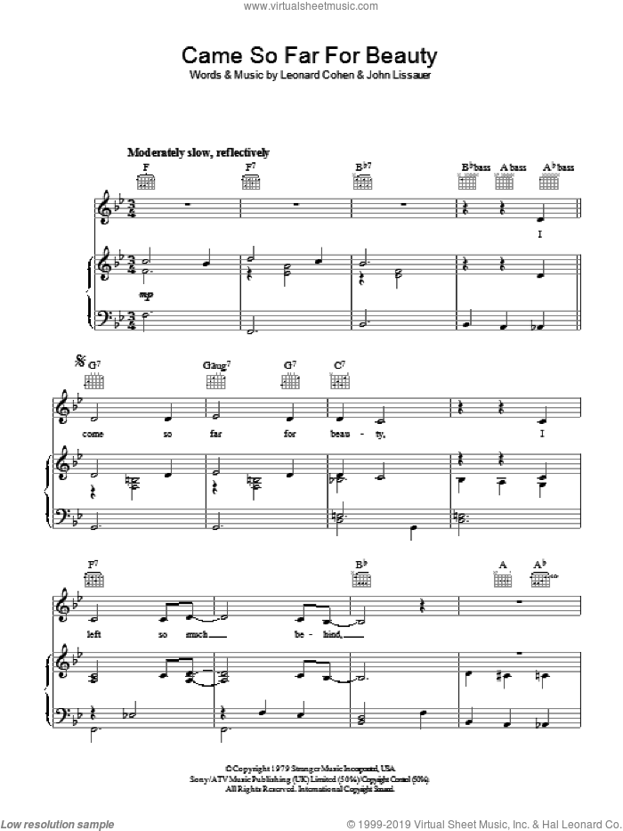 Came So Far For Beauty sheet music for voice, piano or guitar by Leonard Cohen and John Lissauer, intermediate skill level