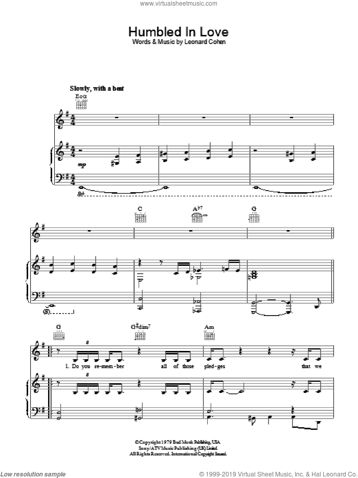 Humbled In Love sheet music for voice, piano or guitar by Leonard Cohen, intermediate skill level