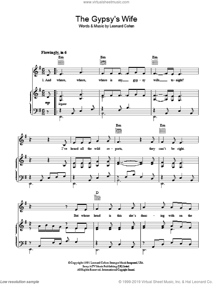 The Gypsy's Wife sheet music for voice, piano or guitar by Leonard Cohen, intermediate skill level