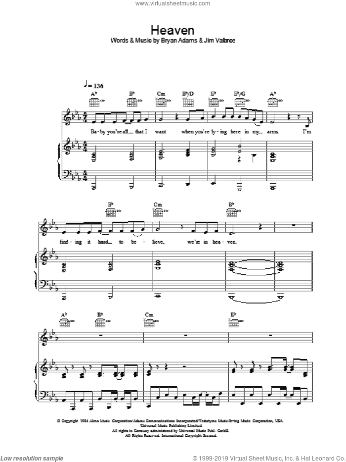 Heaven sheet music for piano solo by DJ Sammy, Bryan Adams and Jim Vallance, easy skill level