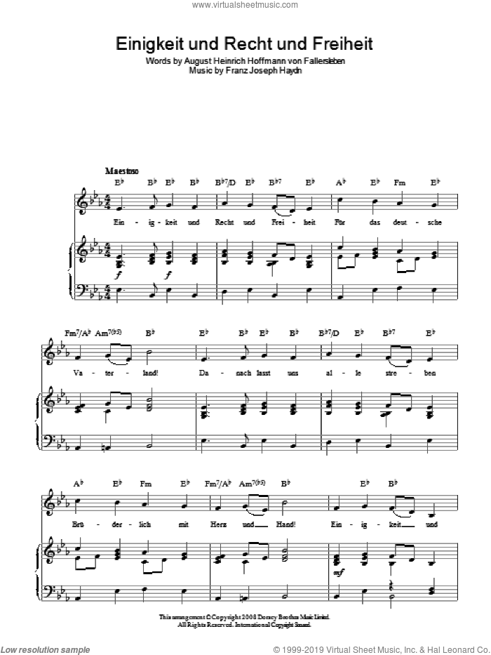 Einigkeit Und Recht Und Freiheit (German National Anthem) sheet music for voice, piano or guitar by Franz Joseph Haydn and August Heinrich Hoffmann von Fallersleben, classical score, intermediate skill level