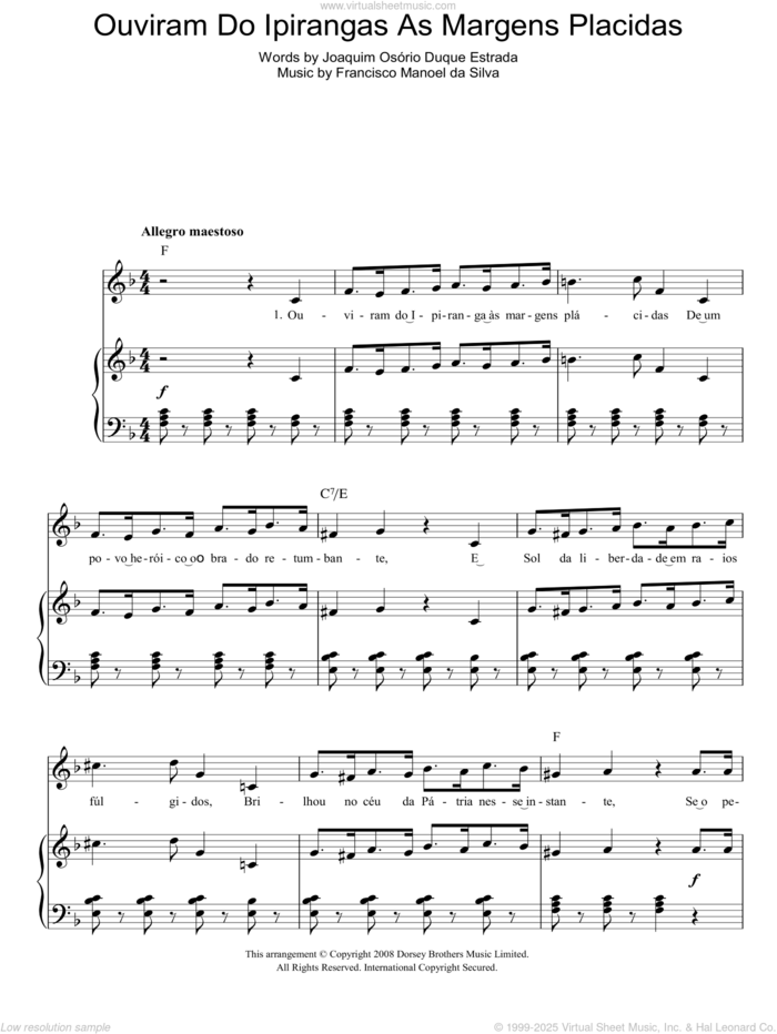 Ouviram Do Ipirangas As Margens Placidas (Brazilian National Anthem) sheet music for voice, piano or guitar by Francisco Manoel Da Silva and Joaquim Osorio Duque Estrada, intermediate skill level