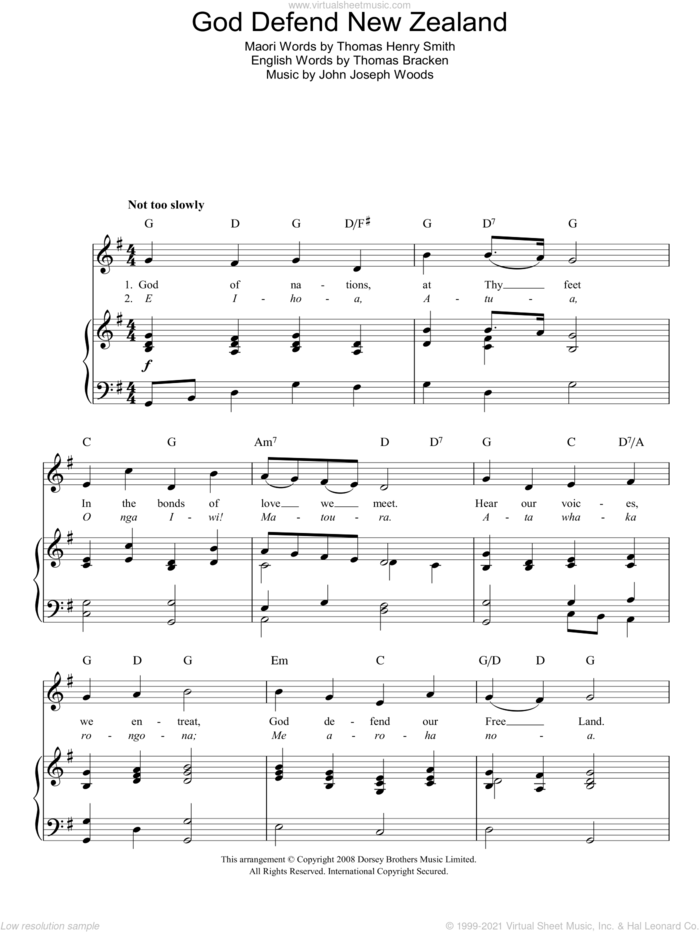 God Defend New Zealand (New Zealand National Anthem) sheet music for voice, piano or guitar by John Joseph Woods, Thomas Bracken and Tim Smith, intermediate skill level