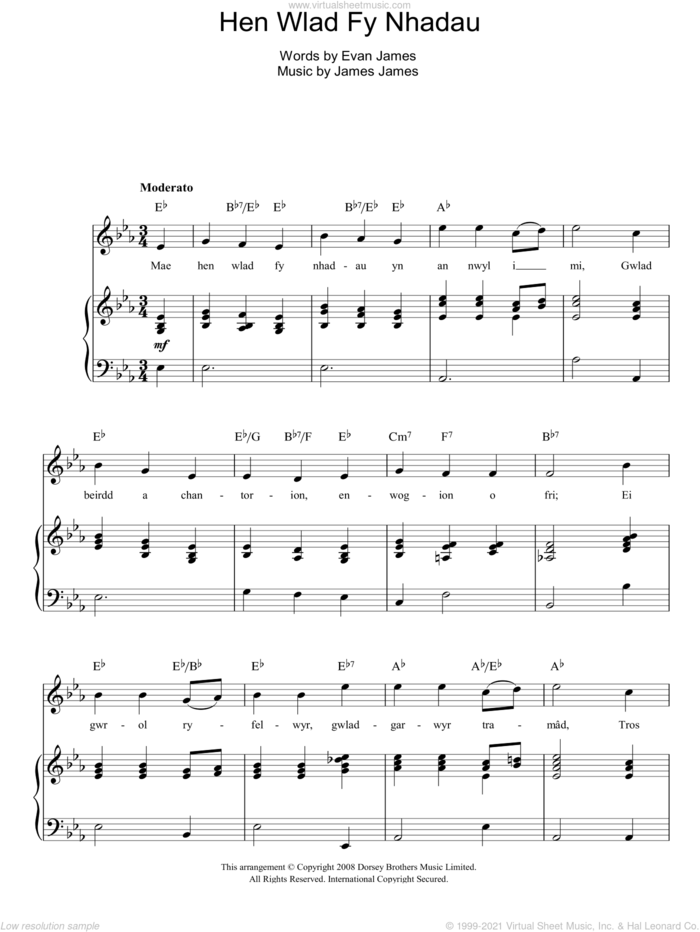 Hen Wlad Fy Nhadau (Unofficial Welsh National Anthem) sheet music for voice, piano or guitar by Evan James and James James, intermediate skill level