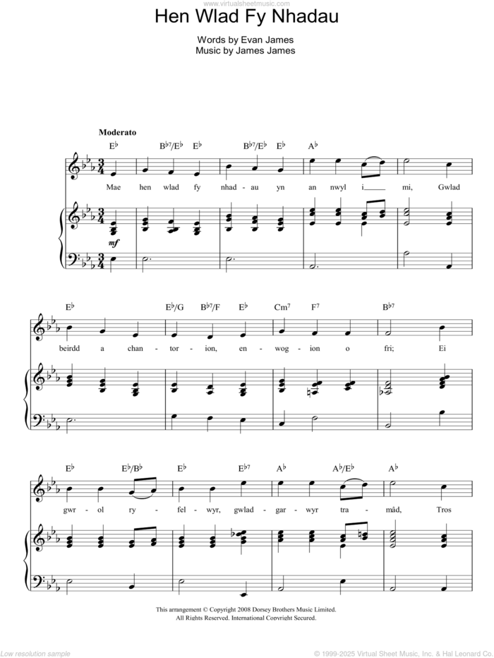 Hen Wlad Fy Nhadau (Unofficial Welsh National Anthem) sheet music for voice, piano or guitar by Evan James and James James, intermediate skill level