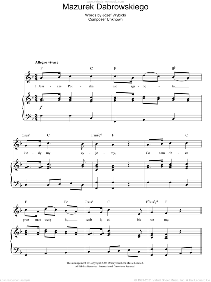 Mazurek Dabrowskiego (Polish National Anthem) sheet music for voice, piano or guitar by Jozef Wybicki, intermediate skill level