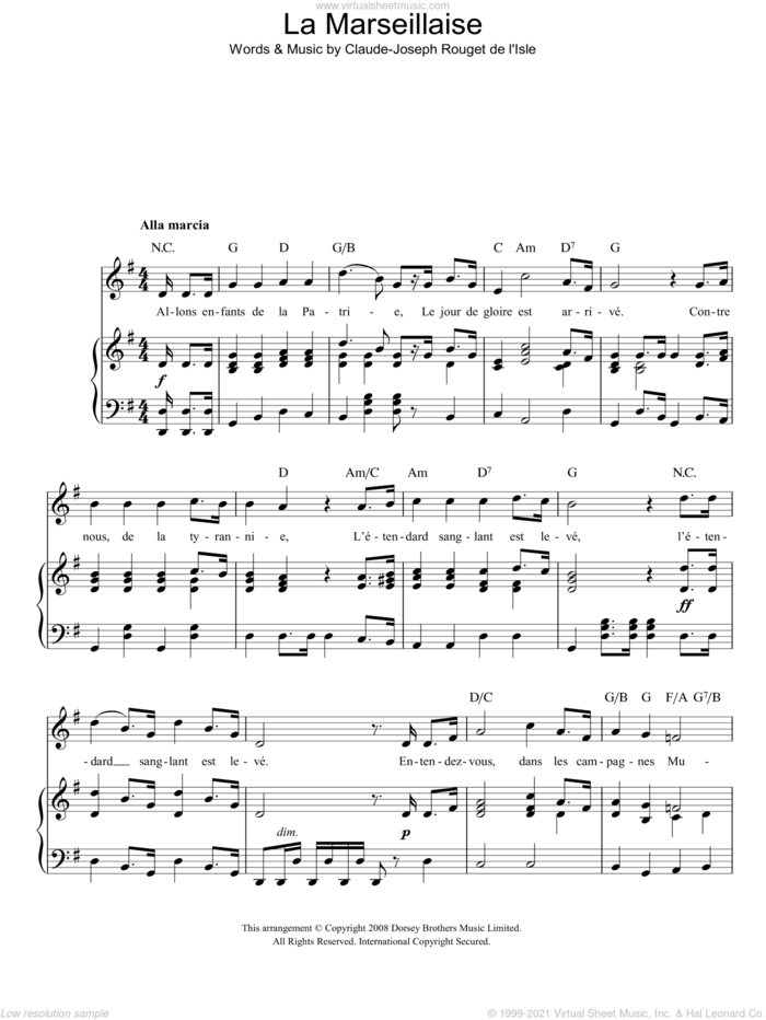 La Marseillaise (French National Anthem) sheet music for voice, piano or guitar by Claude Rouget de Lisle, classical score, intermediate skill level