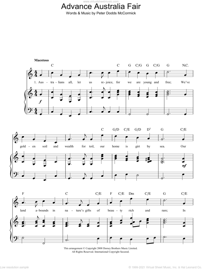 Advance Australia Fair (Australian National Anthem) sheet music for voice, piano or guitar by Peter Dodds McCormick, intermediate skill level