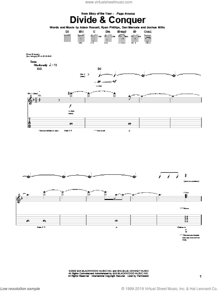 Divide and Conquer sheet music for guitar (tablature) by Story Of The Year, Adam Russell, Dan Marsala and Ryan Phillips, intermediate skill level