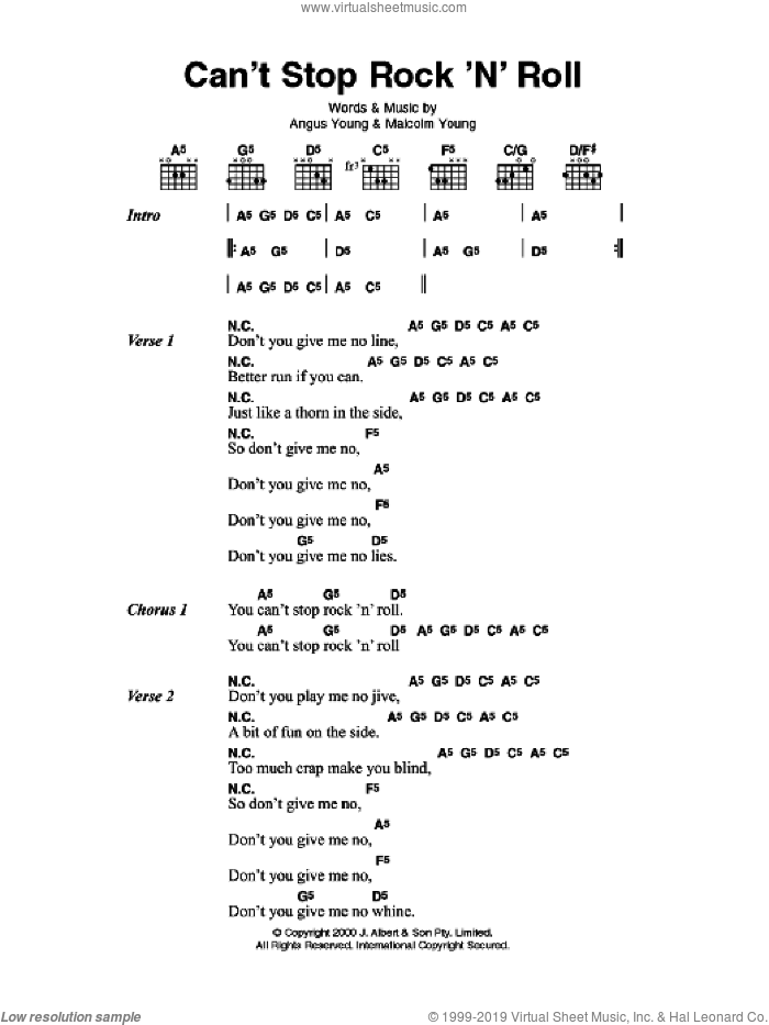 Can't Stop Rock 'N' Roll sheet music for guitar (chords) by AC/DC, Angus Young and Malcolm Young, intermediate skill level