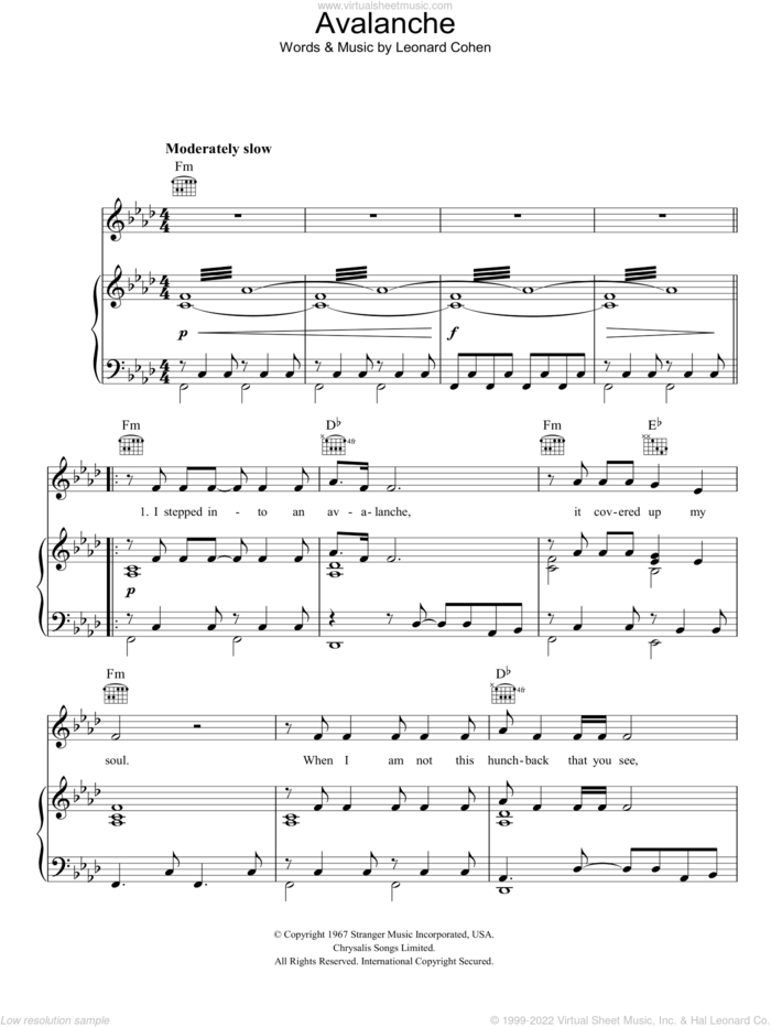 Avalanche sheet music for voice, piano or guitar by Leonard Cohen, intermediate skill level