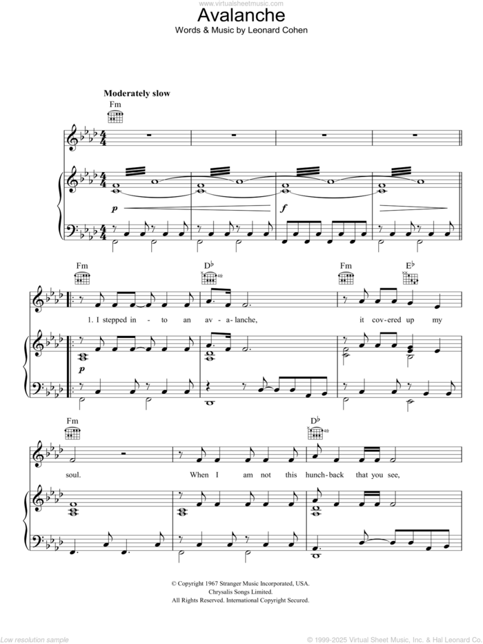 Avalanche sheet music for voice, piano or guitar by Leonard Cohen, intermediate skill level