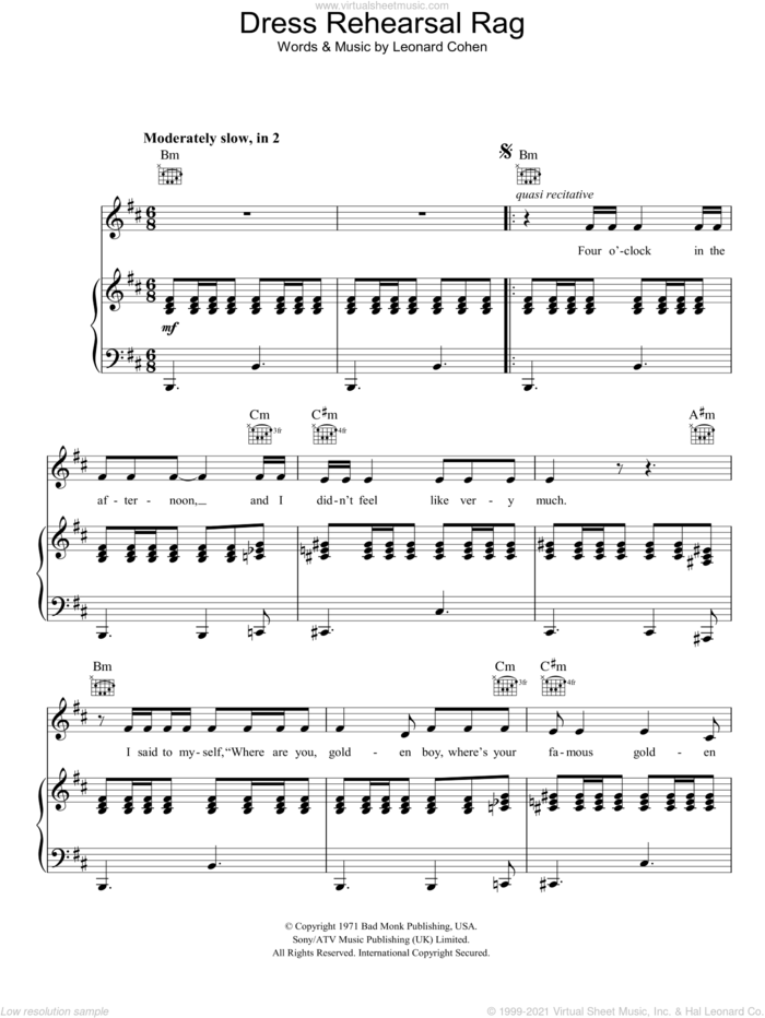 Dress Rehearsal Rag sheet music for voice, piano or guitar by Leonard Cohen, intermediate skill level