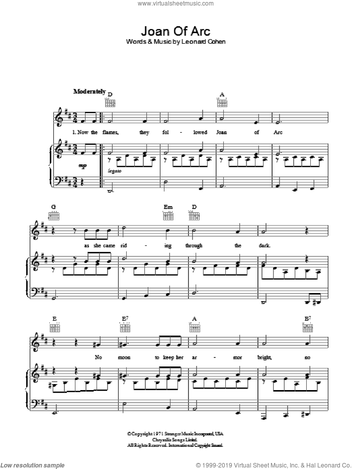 Joan Of Arc sheet music for voice, piano or guitar by Leonard Cohen, intermediate skill level