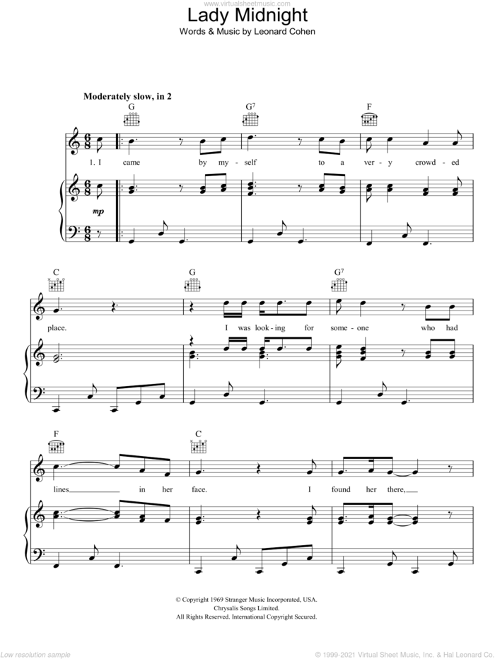 Lady Midnight sheet music for voice, piano or guitar by Leonard Cohen, intermediate skill level