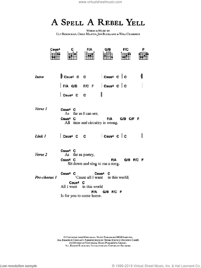 A Spell A Rebel Yell sheet music for guitar (chords) by Coldplay, Chris Martin, Guy Berryman, Jon Buckland and Will Champion, intermediate skill level