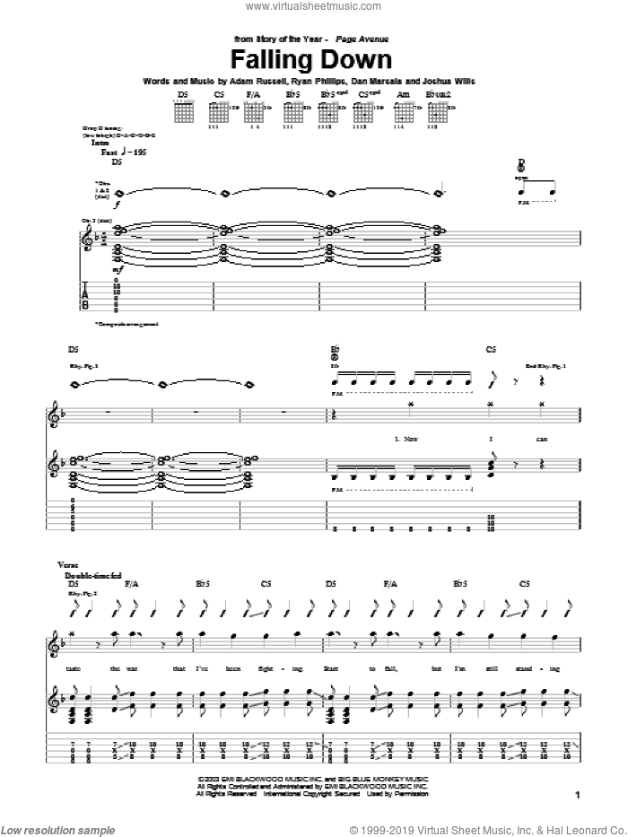 Falling Down sheet music for guitar (tablature) by Story Of The Year, Adam Russell, Dan Marsala and Ryan Phillips, intermediate skill level