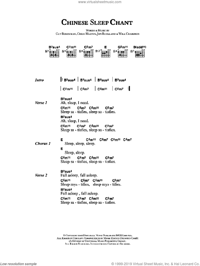 Chinese Sleep Chant sheet music for guitar (chords) by Coldplay, Chris Martin, Guy Berryman, Jon Buckland and Will Champion, intermediate skill level
