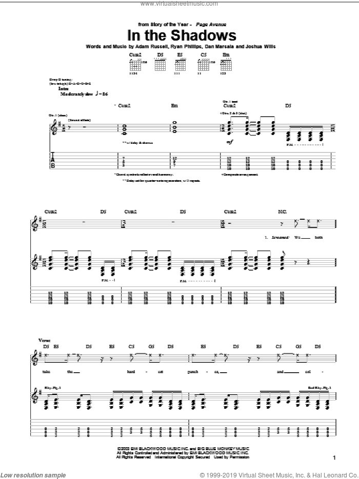 In The Shadows sheet music for guitar (tablature) by Story Of The Year, Adam Russell, Dan Marsala and Ryan Phillips, intermediate skill level