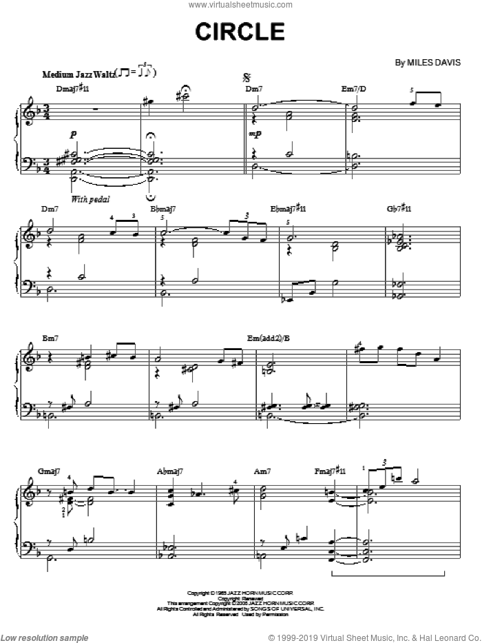 Circle sheet music for piano solo by Miles Davis, intermediate skill level