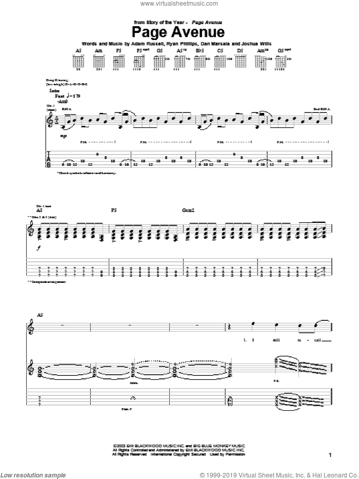 Page Avenue sheet music for guitar (tablature) by Story Of The Year, Adam Russell, Dan Marsala and Ryan Phillips, intermediate skill level