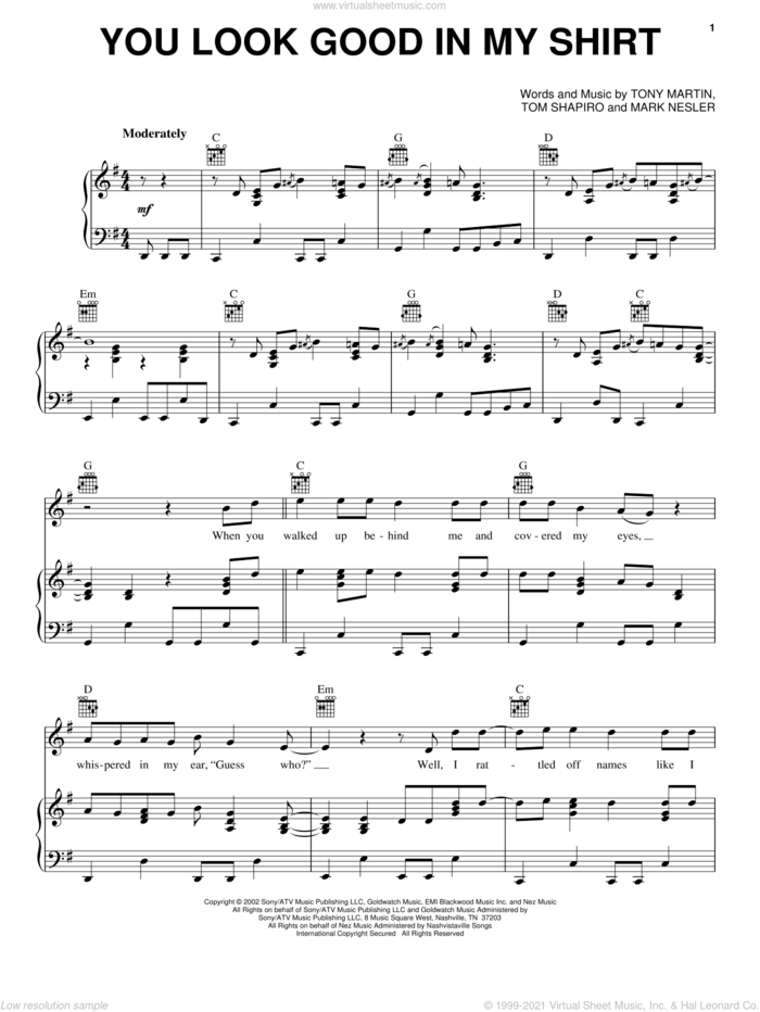 You Look Good In My Shirt sheet music for voice, piano or guitar by Keith Urban, Mark Nesler, Tom Shapiro and Tony Martin, intermediate skill level