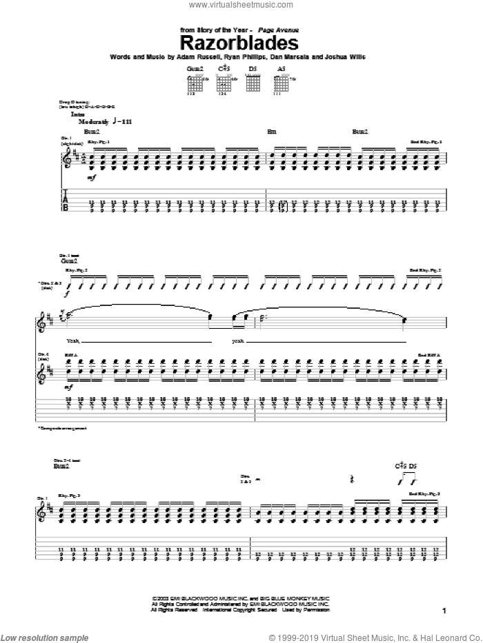 Razorblades sheet music for guitar (tablature) by Story Of The Year, Adam Russell, Dan Marsala and Ryan Phillips, intermediate skill level